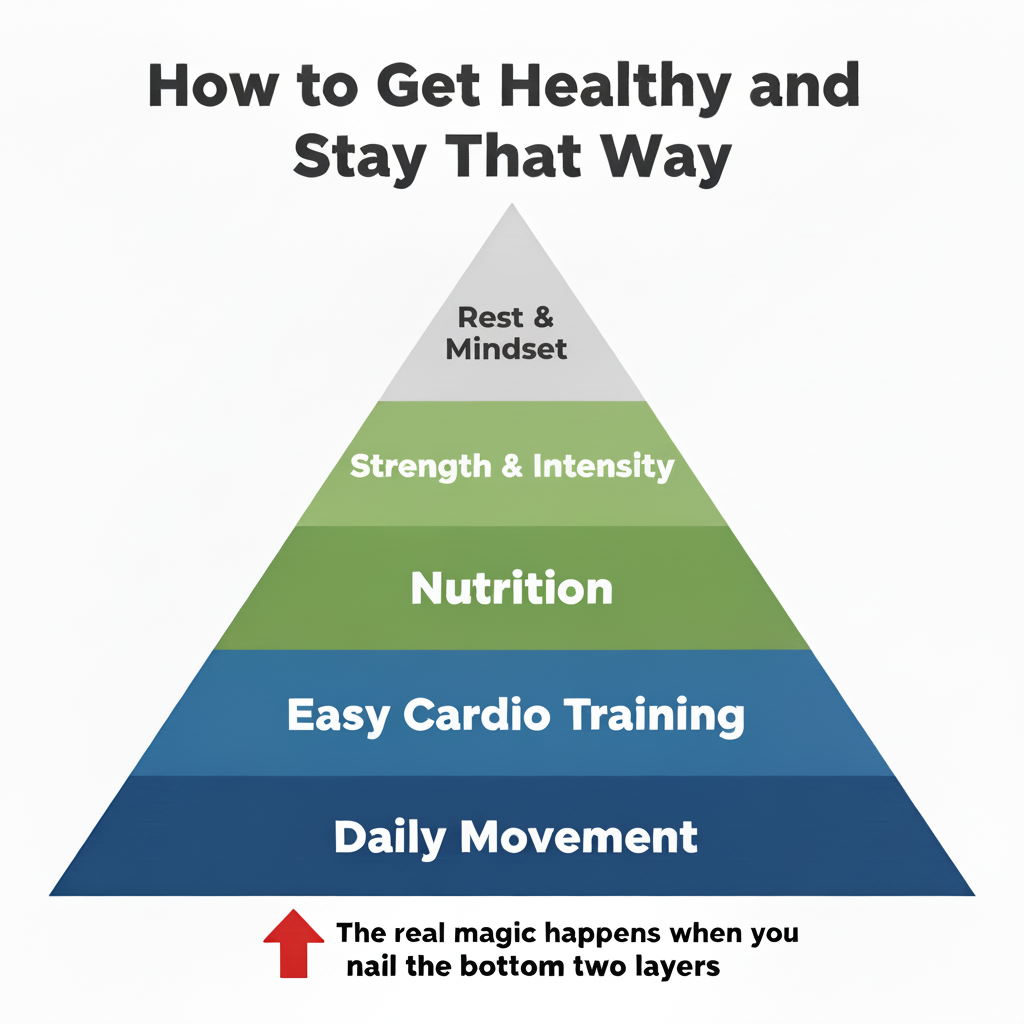 Pyramid showing five layers of health for men over 40, with daily movement and easy cardio as the foundation.